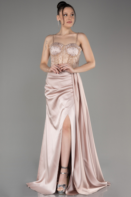 Beige Long Satin Evening Dress ABU3875