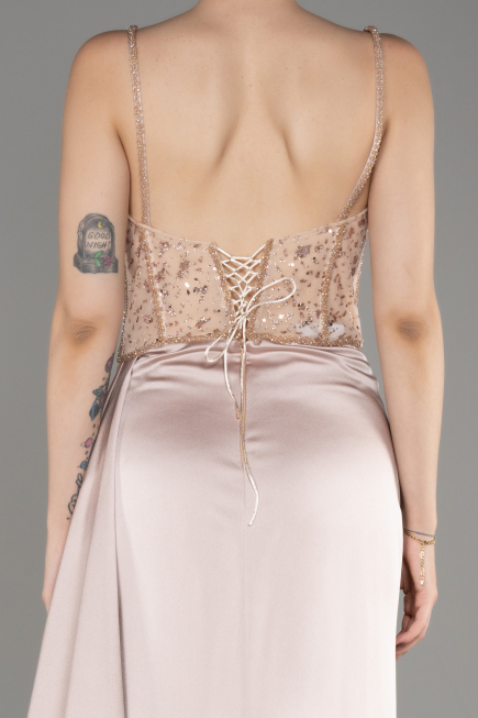 Beige Long Satin Evening Dress ABU3875
