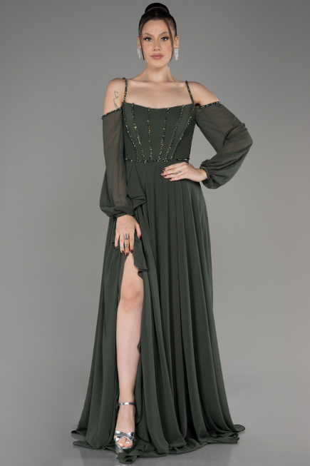 Olive Drab Long Chiffon Slit Evening Dress ABU3914