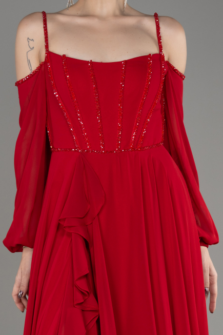 Red Long Chiffon Slit Evening Dress ABU3914