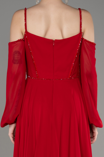 Red Long Chiffon Slit Evening Dress ABU3914