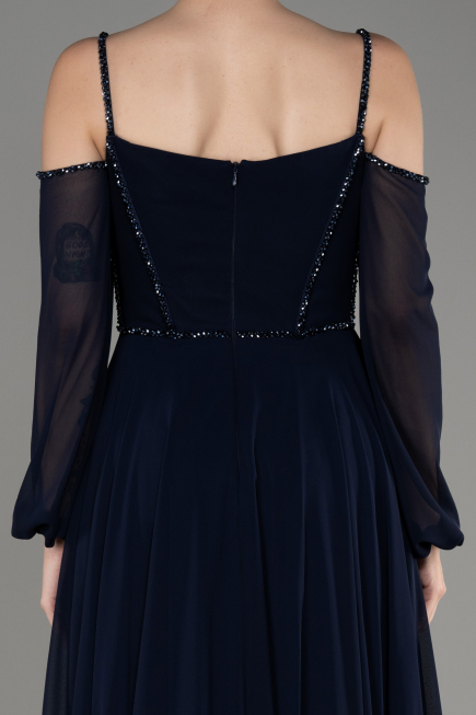 Navy Blue Long Chiffon Slit Evening Dress ABU3914