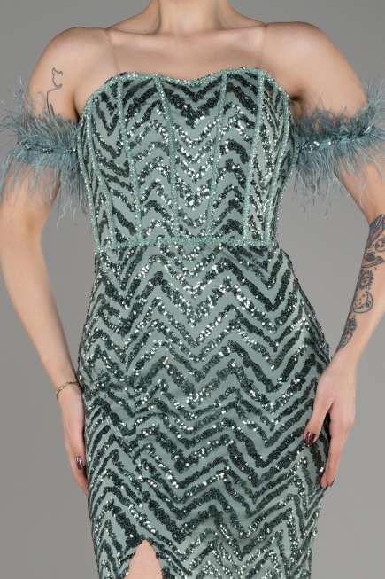 Turquoise Strapless Slit Long Sequined Evening Gown ABU3953
