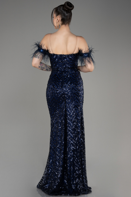Navy Blue Strapless Slit Long Sequined Evening Gown ABU3953