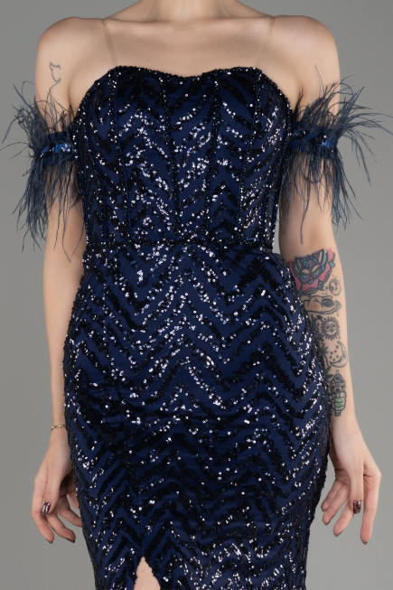 Navy Blue Strapless Slit Long Sequined Evening Gown ABU3953
