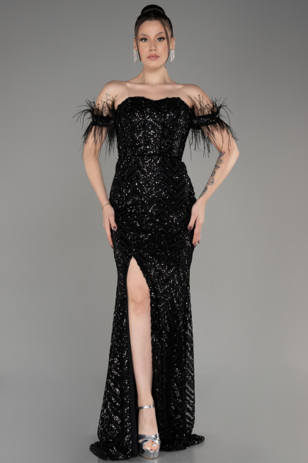 Black Strapless Slit Long Sequined Evening Gown ABU3953