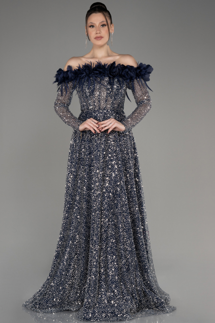 Navy Blue Boat Neck Scaly Long Evening Gown ABU3957