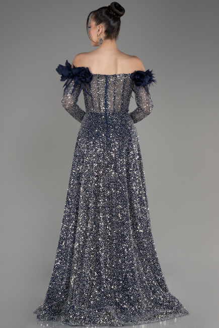 Navy Blue Boat Neck Scaly Long Evening Gown ABU3957