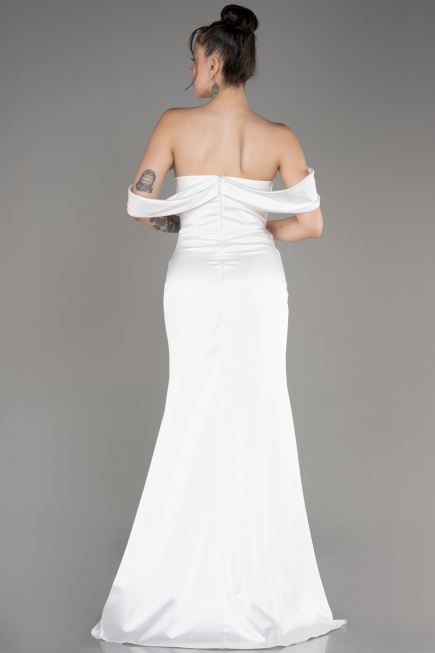 White Off Shoulder Slit Satin Prom Dress ABU3964