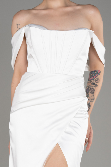 White Off Shoulder Slit Satin Prom Dress ABU3964