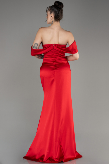 Red Off Shoulder Slit Satin Prom Dress ABU3964