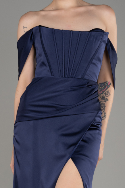 Navy Blue Off Shoulder Slit Satin Prom Dress ABU3964