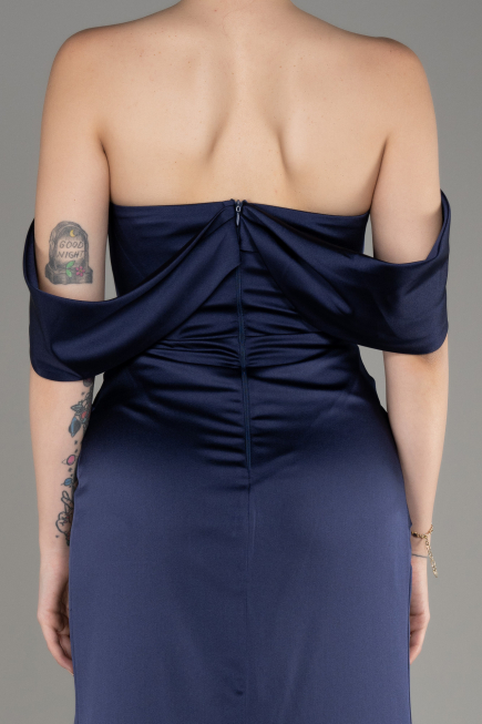 Navy Blue Off Shoulder Slit Satin Prom Dress ABU3964