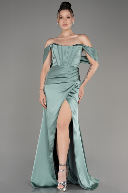Mint Off Shoulder Slit Satin Prom Dress ABU3964