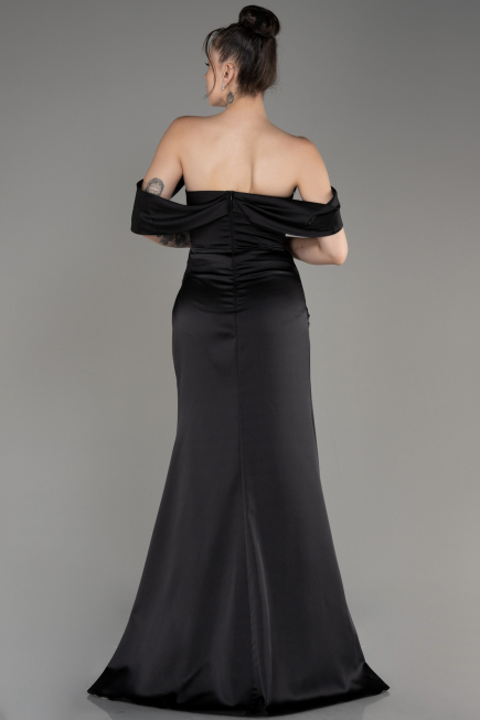 Black Off Shoulder Slit Satin Prom Dress ABU3964