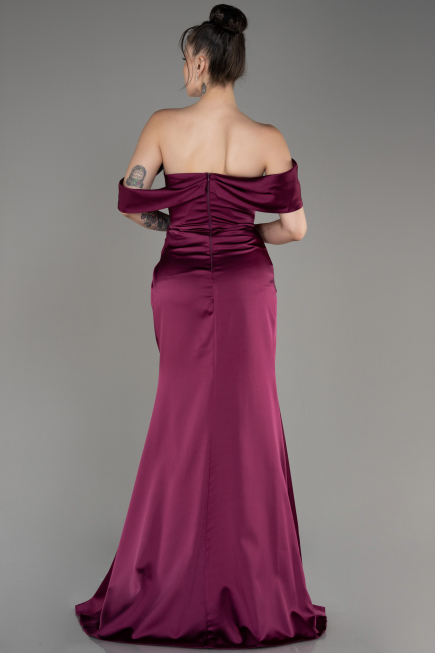 Cherry Colored Off Shoulder Slit Satin Prom Dress ABU3964