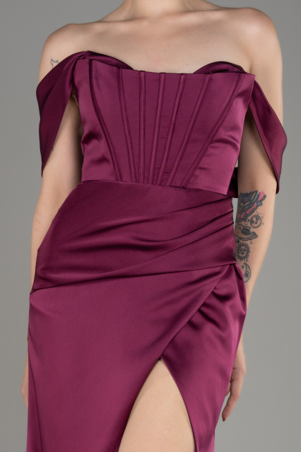 Cherry Colored Off Shoulder Slit Satin Prom Dress ABU3964
