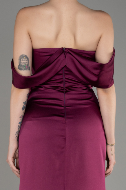 Cherry Colored Off Shoulder Slit Satin Prom Dress ABU3964