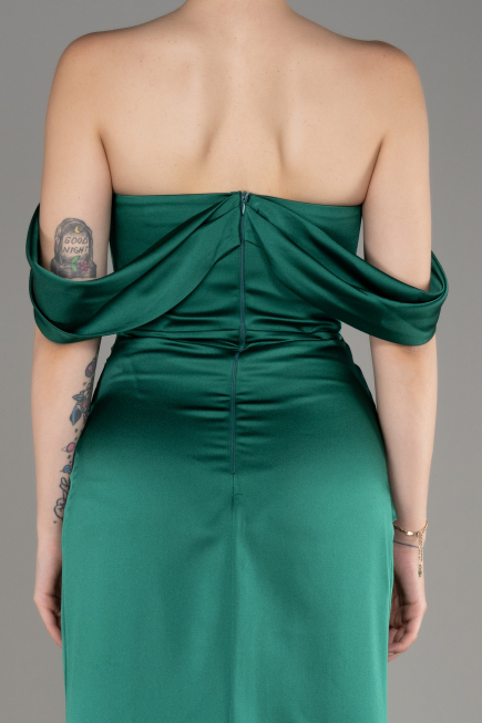 Emerald Green Off Shoulder Slit Satin Prom Dress ABU3964