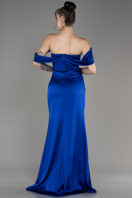 Sax Blue Off Shoulder Slit Satin Prom Dress ABU3964