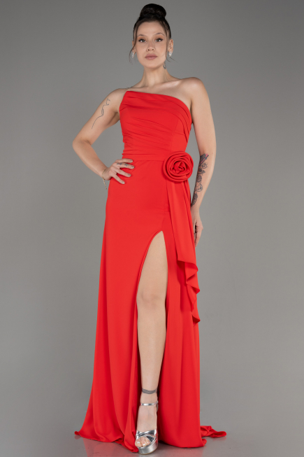 Coral Strapless Slit Long Chiffon Evening Dress ABU3974