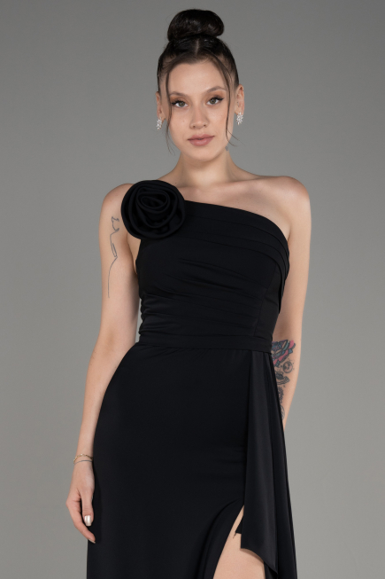 Black Strapless Slit Long Chiffon Evening Dress ABU3974