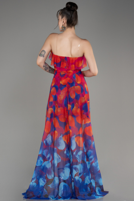 Fuchsia Strapless Slit Printed Long Prom Dress ABU3975