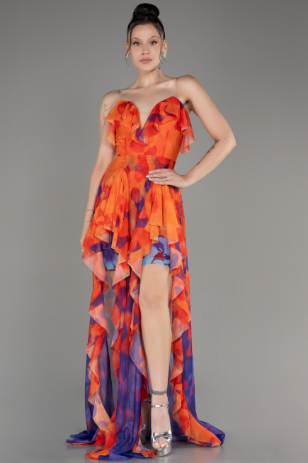 Orange Strapless Slit Printed Long Prom Dress ABU3975