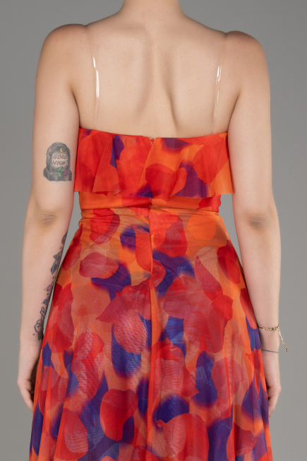 Orange Strapless Slit Printed Long Prom Dress ABU3975