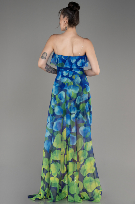 Sax Blue Strapless Slit Printed Long Prom Dress ABU3975