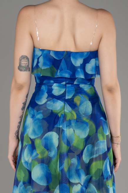 Sax Blue Strapless Slit Printed Long Prom Dress ABU3975
