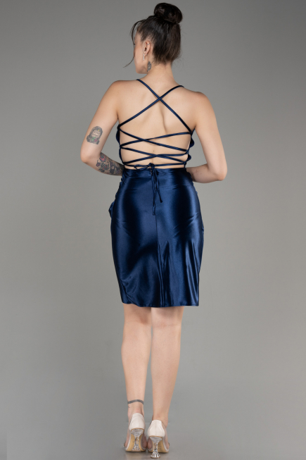 Navy Blue Backless Short Satin Cocktail Dress ABK2078