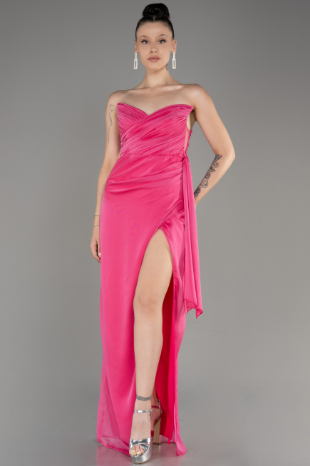 Fuchsia Strapless Slit Long Chiffon Evening Dress ABU3947