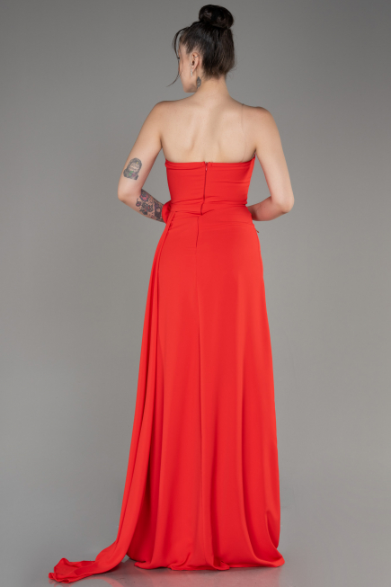 Coral Strapless Slit Long Chiffon Evening Dress ABU3974
