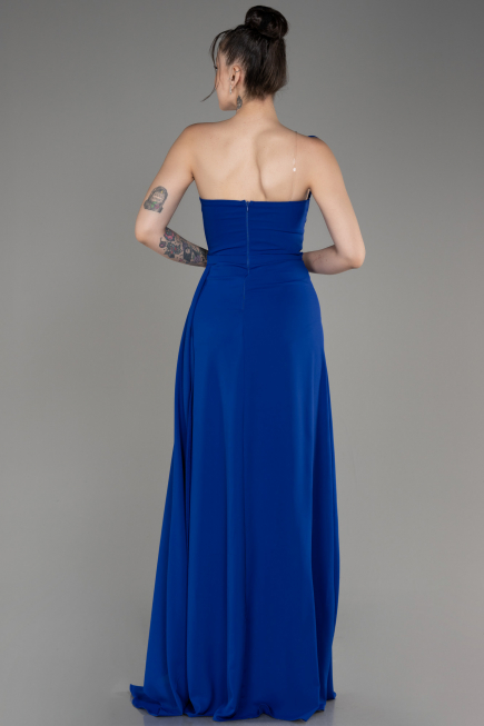 Sax Blue Strapless Slit Long Chiffon Evening Dress ABU3974