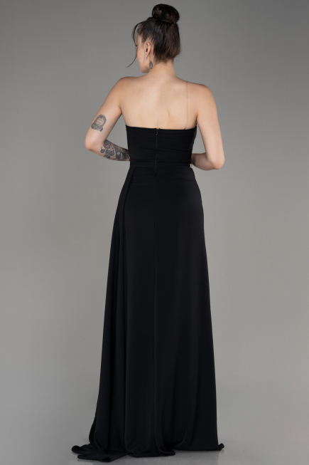Black Strapless Slit Long Chiffon Evening Dress ABU3974