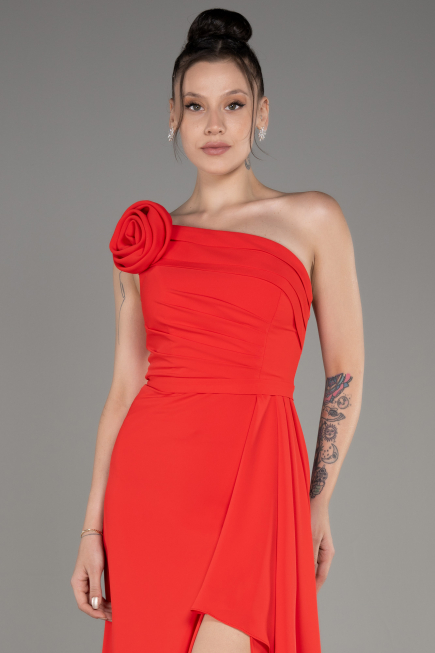 Coral Strapless Slit Long Chiffon Evening Dress ABU3974