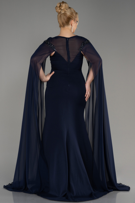 Navy Blue Long Chiffon Sleeve Plus Size Evening Dress ABU3913