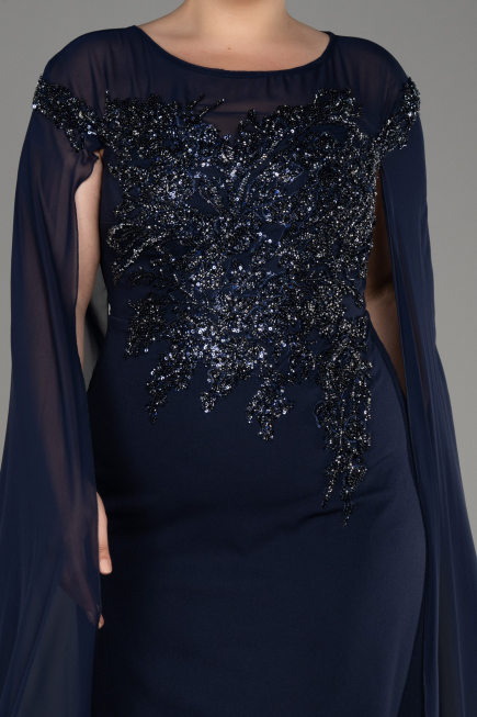 Navy Blue Long Chiffon Sleeve Plus Size Evening Dress ABU3913