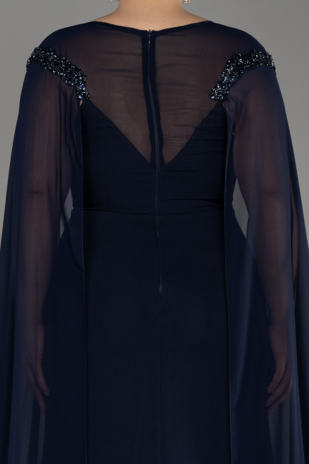 Navy Blue Long Chiffon Sleeve Plus Size Evening Dress ABU3913