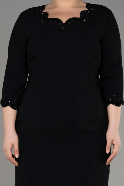 Black Capri Sleeve Midi Plus Size Evening Dress ABK2095