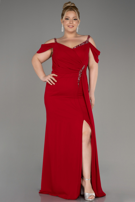 Red Long Chiffon Plus Size Evening Gown ABU3742