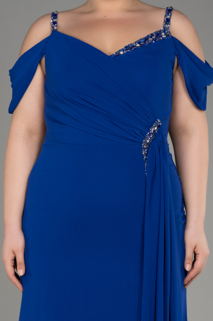 Sax Blue Long Chiffon Plus Size Evening Gown ABU3742