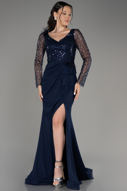 Navy Blue Sequined Long Sleeve Slit Evening Dress ABU3283