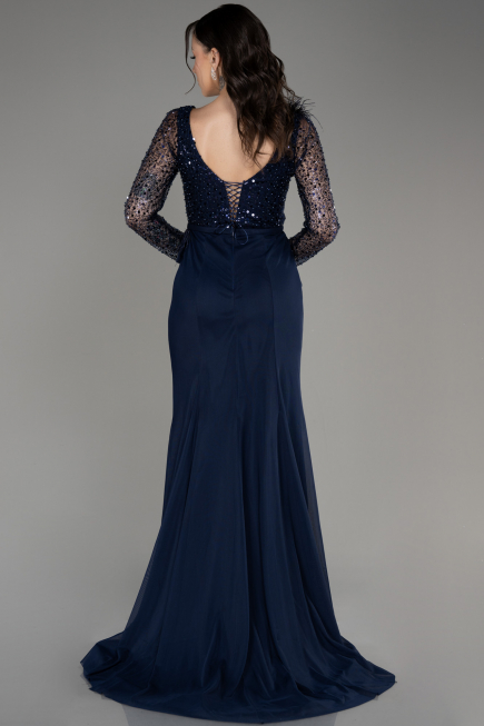 Navy Blue Sequined Long Sleeve Slit Evening Dress ABU3283