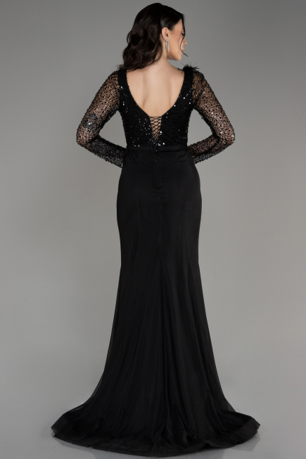 Black Sequined Long Sleeve Slit Evening Dress ABU3283