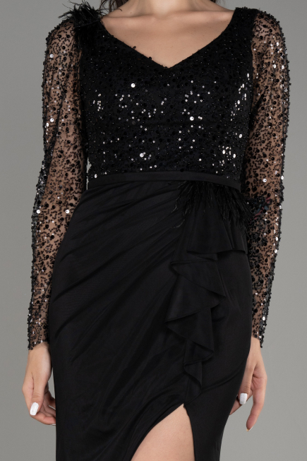 Black Sequined Long Sleeve Slit Evening Dress ABU3283