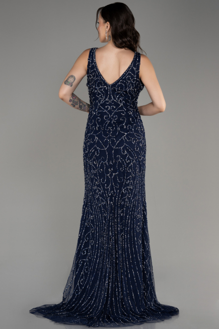 Navy Blue Sleeveless Stoned Long Prom Gown ABU4007