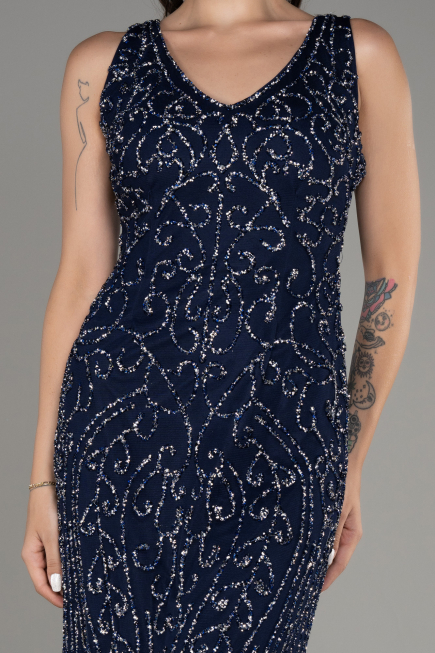Navy Blue Sleeveless Stoned Long Prom Gown ABU4007