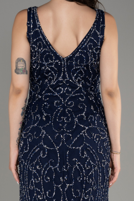 Navy Blue Sleeveless Stoned Long Prom Gown ABU4007